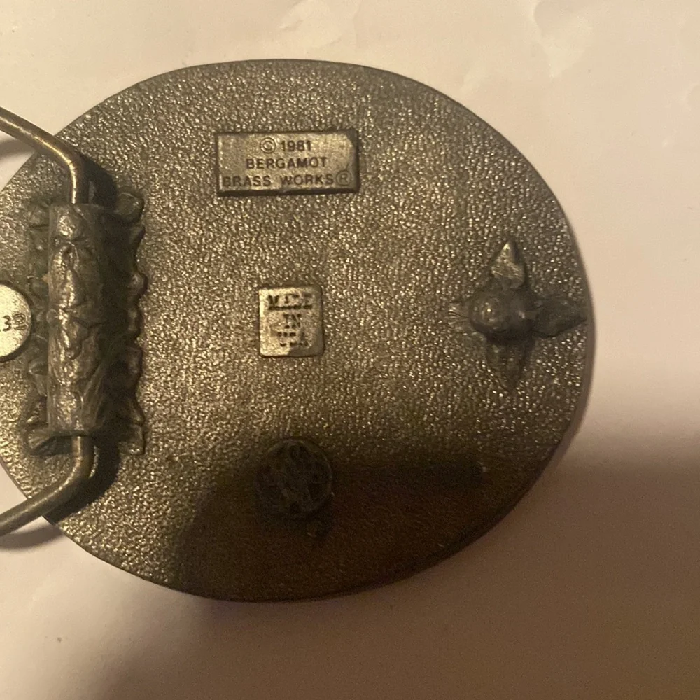 Bergamot Belt Buckle brass Works I’m proud to be an American 2.5×3” 1981 - Picture 6 of 7